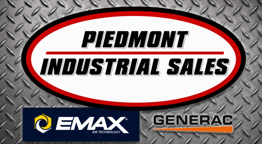Piedmont Industrial Sales badge with Emax and Generac dealer marks on diamond plate