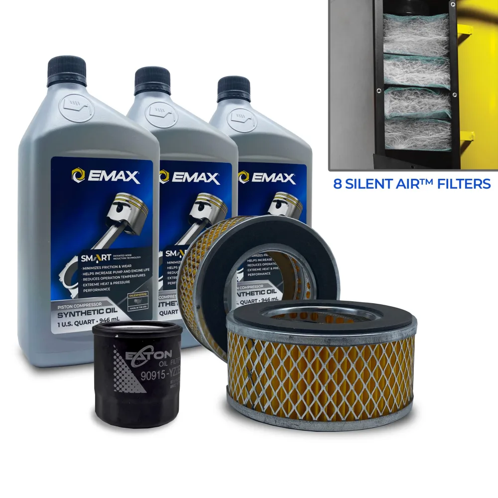 5YR Extended Silent Air Warranty Filter Maintenance kits for 15hp - 20hp Piston Compressors, includes (3) OILEXPIS102Q (2) FILTER058 (8) FILTER107 (1) FILTER125 Oil Filter