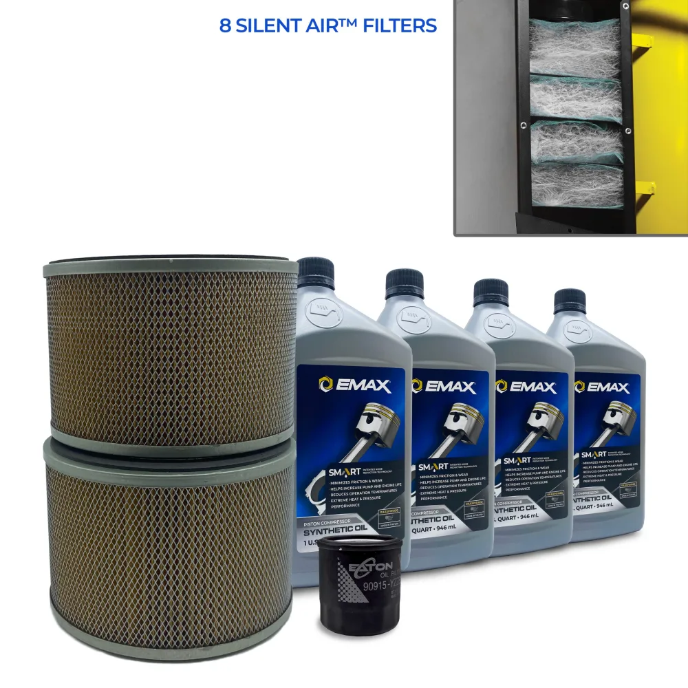 5YR Extended Silent Air Warranty Filter Maintenance kits for 25hp Piston Compressors, includes (4) OILEXPIS102Q (2) FILTER092 (8) FILTER107 (1) FILTER125 Oil Filter