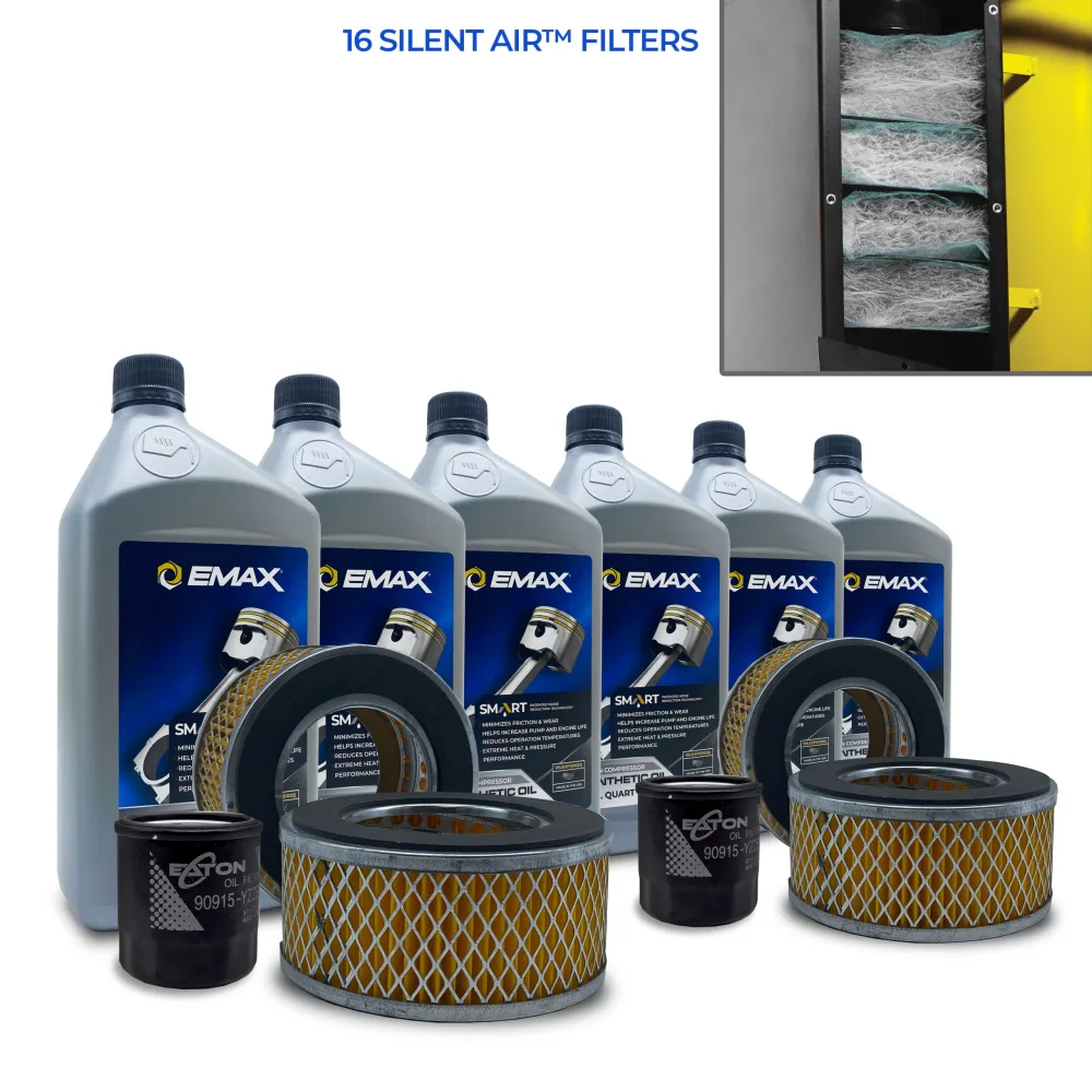 Extended Lifetime Pump Warranty Maintenance Kit w/ Smart Oil For 15HP & 20HP Piston Compressor with Air Silencer 5 stage Filtration System (4) FILTER058 (16) FILTER107 (6) OILEXPIS102Q (1) FILTER125 Oil Filter