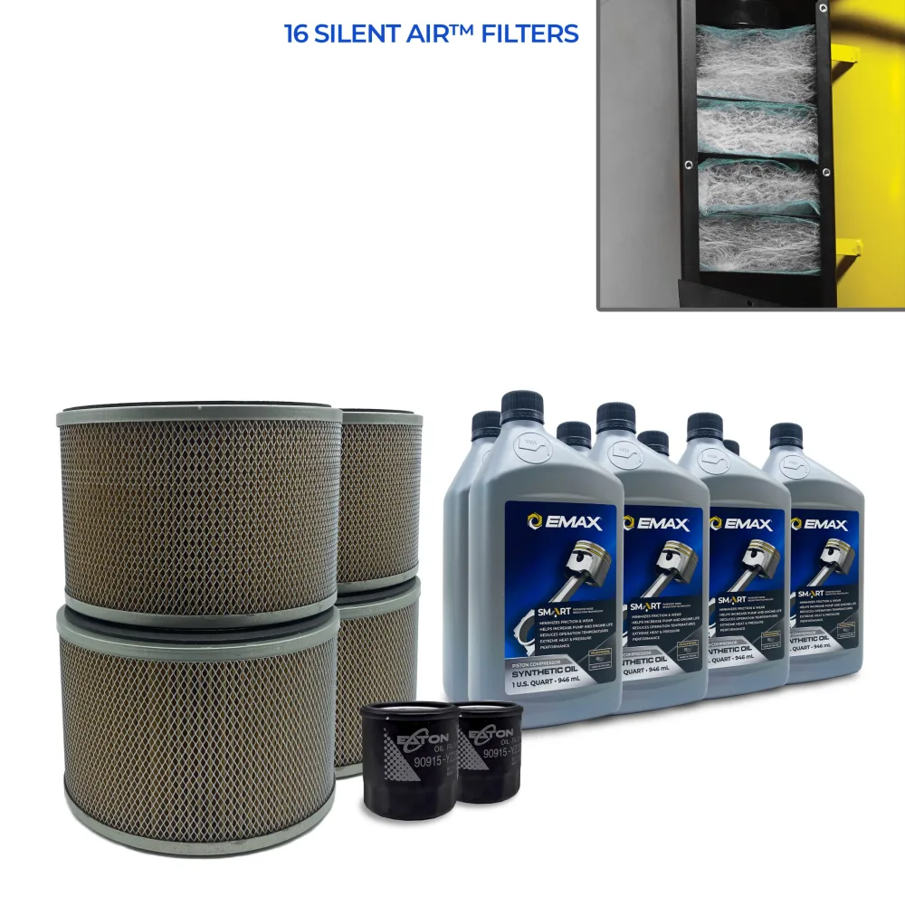 Extended Lifetime Pump Warranty Maintenance Kit w/ Smart Oil For 25HP Piston Compressor with Air Silencer 5 stage Filtration System (4) FILTER092 (16) FILTER107 (8) OILEXPIS102Q (1) FILTER125 Oil Filter