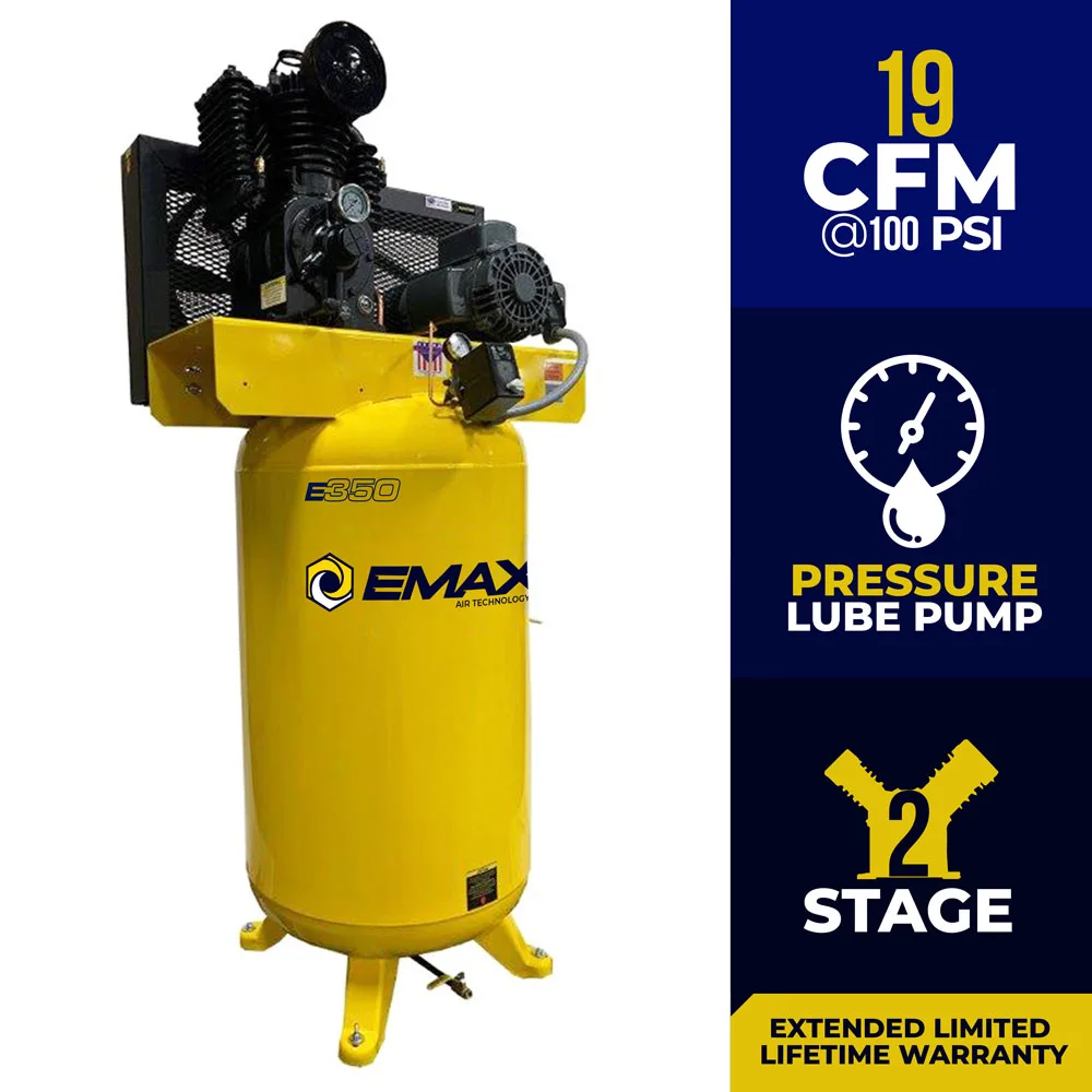 5HP 80-Gal Industrial Air Compressor, 19 CFM @ 100 PSI, Inline Two-Stage, Pressure-Lubricated Pump, Isolator Pads