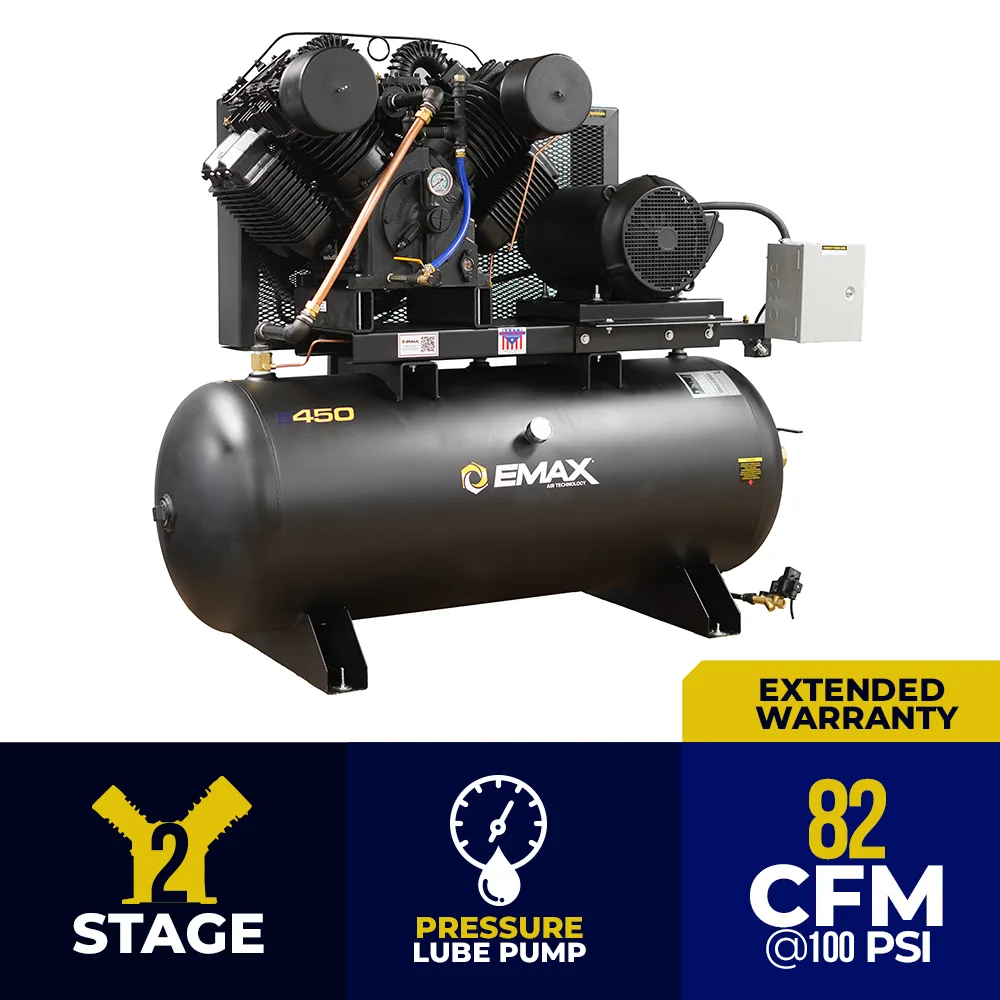 Industrial Plus 20HP V4 82CFM 3 Phase 208V 2-Stage 120 Gal. Horizontal Stationary Electric Air Compressor-W/ Pressure Lube Pump , Isolator Pads, Belt Tensioner, Continuous Run, Auto Drain