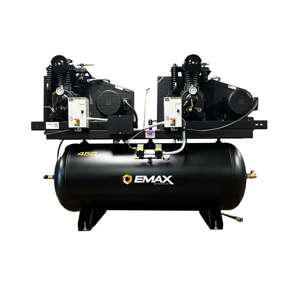 Duplex 5HP Inline 2-Stage 38 CFM Air Compressor - 120-Gal Horizontal, 3-Phase, 460V, Radiator Aftercoolers