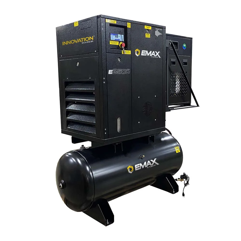10HP 3PH 208V 45CFM Rotary Screw Swing Arm :: 58CFM Dryer :: 120 Gallon Horizontal Tank &#8211; Matte Black w/ Auto Drain &amp; Hydraulic Hoses