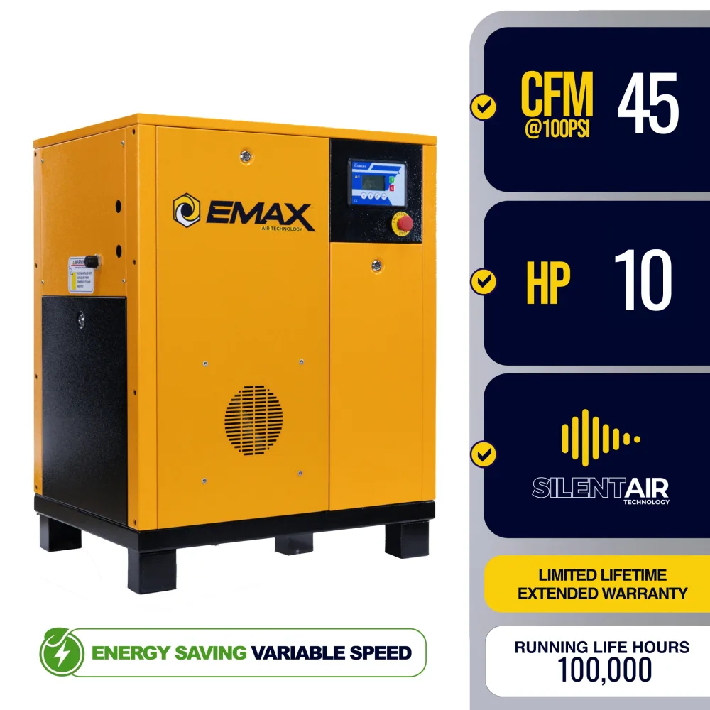 10HP 1 Phase Variable Speed Rotary Screw Air Compressor - 45CFM Industrial Air Compressor, Energy Efficient, 100,000-Hour Airend Life, Cabinet Only