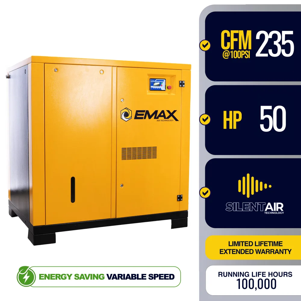 50HP 3 Phase Variable Speed Rotary Screw Air Compressor – 235CFM Industrial Air Compressor, 208V, Energy Efficient, 100,000-Hour Airend Life, Cabinet Only