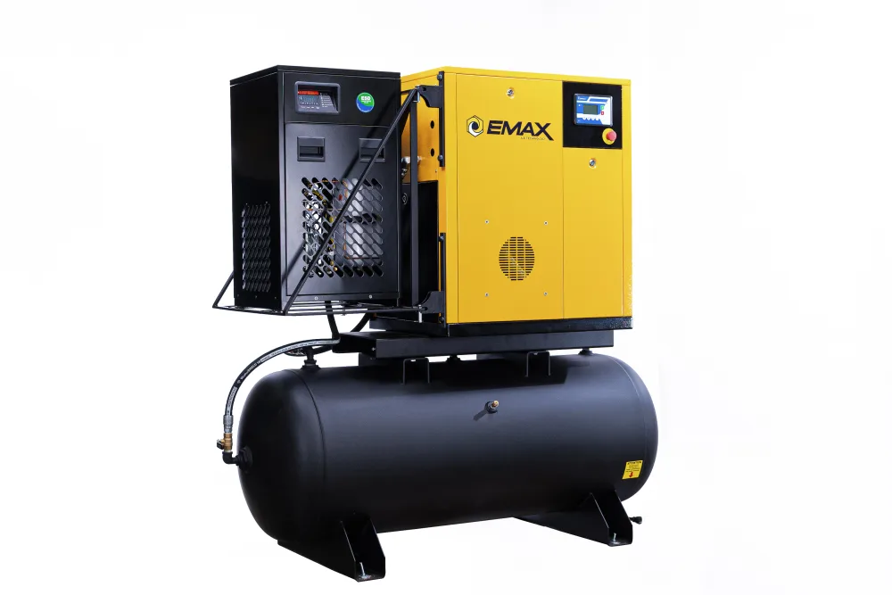 7.5HP 3PH 208V 29CFM Rotary Screw Swing Arm :: 30CFM Dryer :: 120 Gallon Horizontal Tank - Matte Black w/ Auto Drain & Hydraulic Hoses