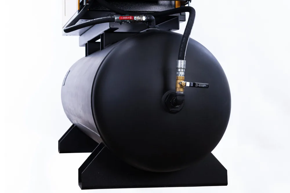 15HP 3PH 208V 62CFM Rotary Screw Swing Arm :: 115CFM Dryer :: 120 Gallon Horizontal Tank - Matte Black w/ Auto Drain & Hydraulic Hoses, view 3