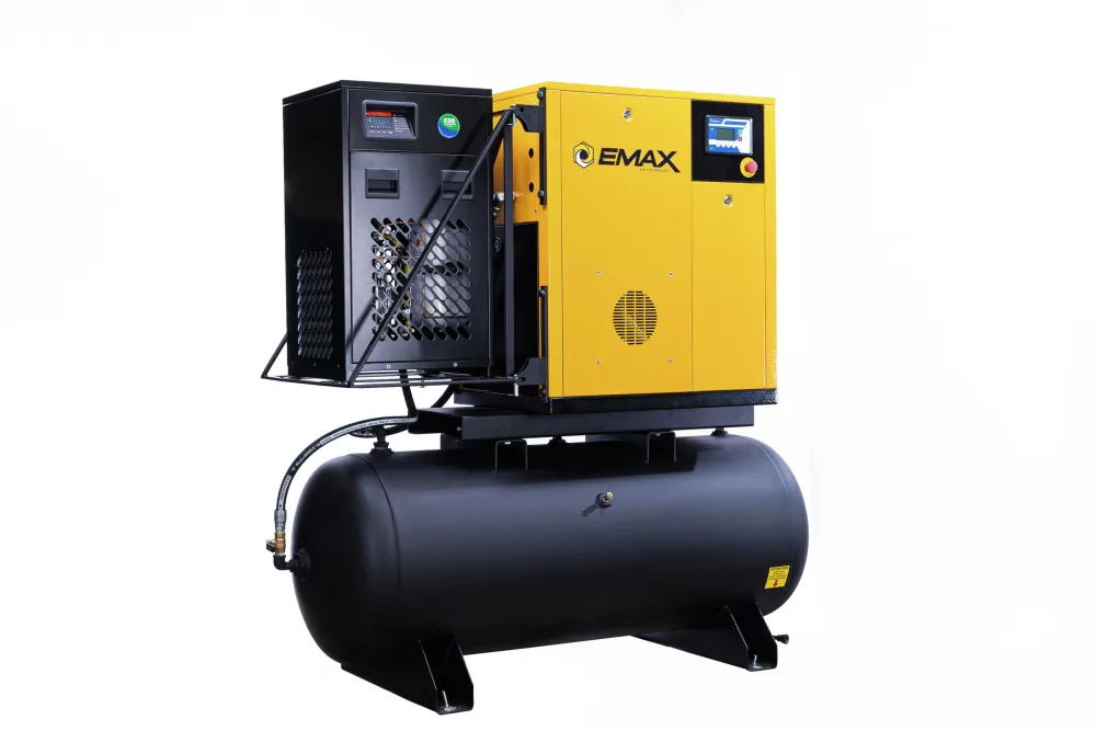 15HP 3PH 208V 62CFM Rotary Screw Swing Arm :: 115CFM Dryer :: 120 Gallon Horizontal Tank - Matte Black w/ Auto Drain & Hydraulic Hoses
