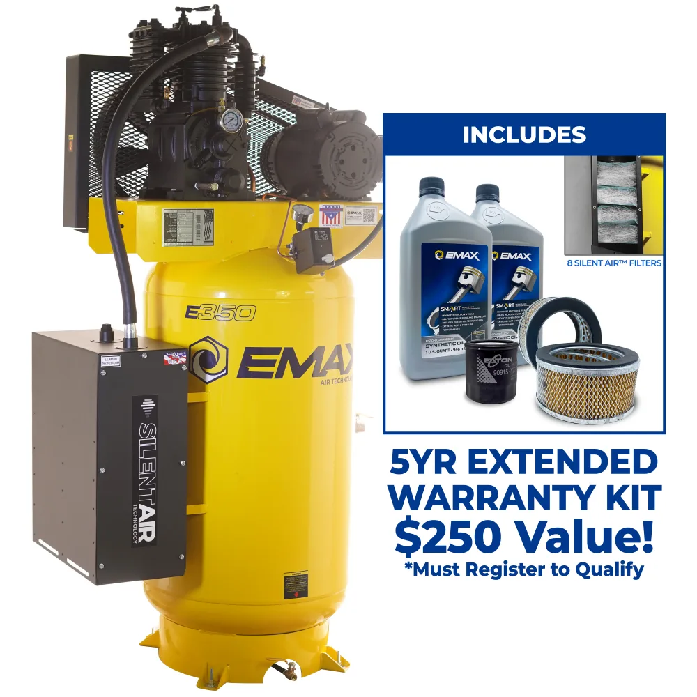 Silent Air Industrial 5HP 19CFM 1- Phase 2-Stage 80 Gal. Vertical Stationary Electric Air Compressor-W/ Pressure Lube Pump / w/ Isolator Pads &#8211; Includes Maintenance Kit