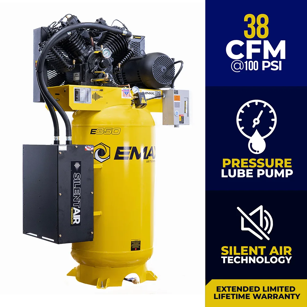 Silent Air™ 10HP 80-Gal Industrial Air Compressor, 38 CFM @ 100 PSI, 4-Cylinder Two-Stage, Pressure-Lubricated Pump, Isolator Pads
