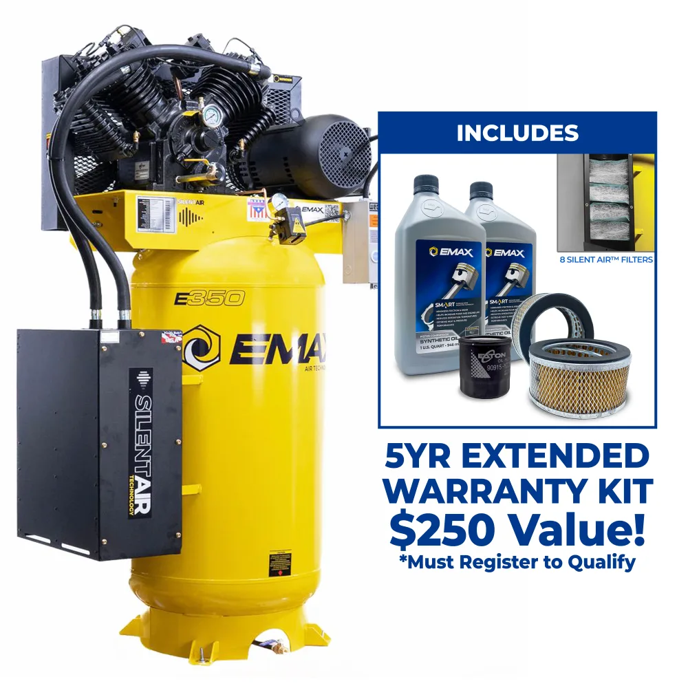 Silent Air™ 10HP 80-Gal Industrial Air Compressor, 38 CFM @ 100 PSI, 4-Cylinder Two-Stage, Pressure-Lubricated Pump, Isolator Pads- Includes First Maintenance Kit