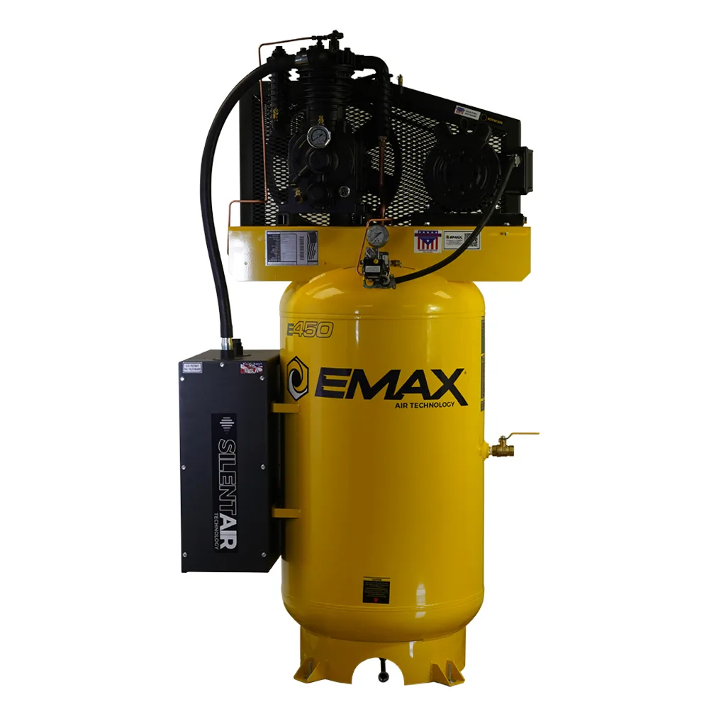 Silent Air™ Industrial 5HP Inline Air Compressor – 19 CFM, 3-Phase 208V, 80-Gal Vertical, Pressure Lube Pump, Auto Drain -Includes (2) Quarts of Oil