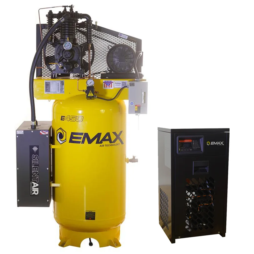Silent Air Industrial Plus 5HP 19CFM 3 Phase 208V 2-Stage 80 Gal. Vertical Stationary Electric Air Compressor-W/ Pressure Lube Pump , Isolator Pads, Belt Tensioner, Continuous Run, Auto Drain w/ 30CFM Dryer