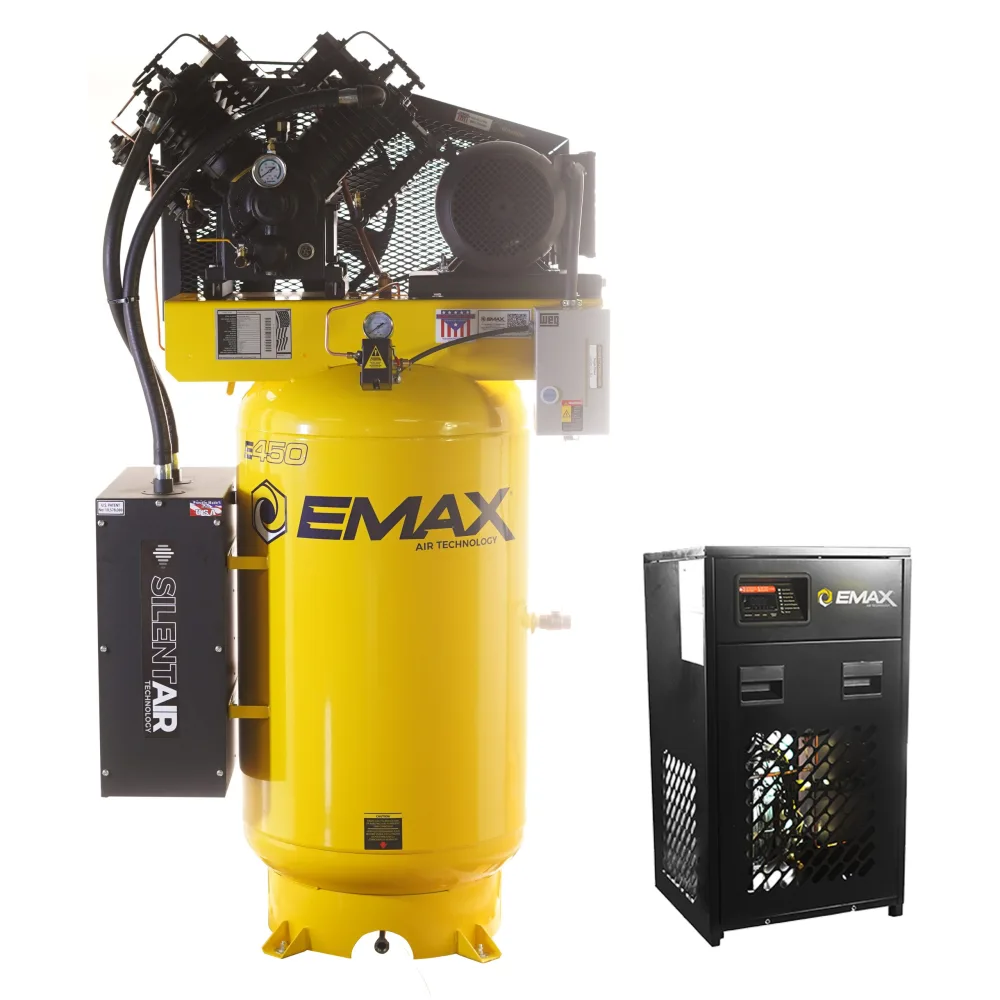 Silent Air Industrial 7.5HP 31CFM 3 Phase 208/230V 2-Stage 80 Gal.W/Radiator After Coolers Vertical Stationary Electric Air Compressor-W/ Pressure Lube Pump , Isolator Pads, Belt Tensioner, Continuous Run, Auto Drain, Bundled w/ 58CFM Refrigerated Air Dryer