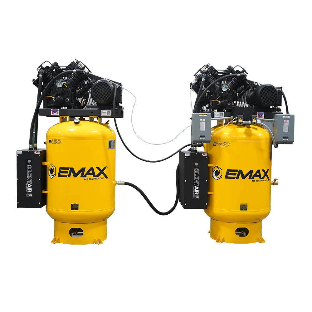 (2) SOLO Alternating Silent Air™ Compressors - 10HP V4, 76 CFM, 120-Gal Vertical, 3-Phase, 208V, Radiator Aftercoolers
