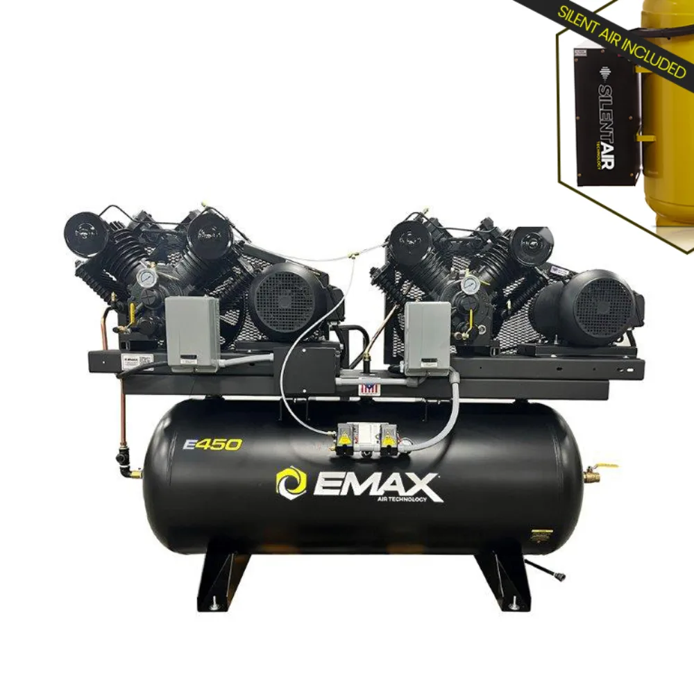 Silent Air™ Duplex 10HP V4 2-Stage 76 CFM Air Compressor - 120-Gal Horizontal, 3-Phase, 208V, Radiator Aftercoolers