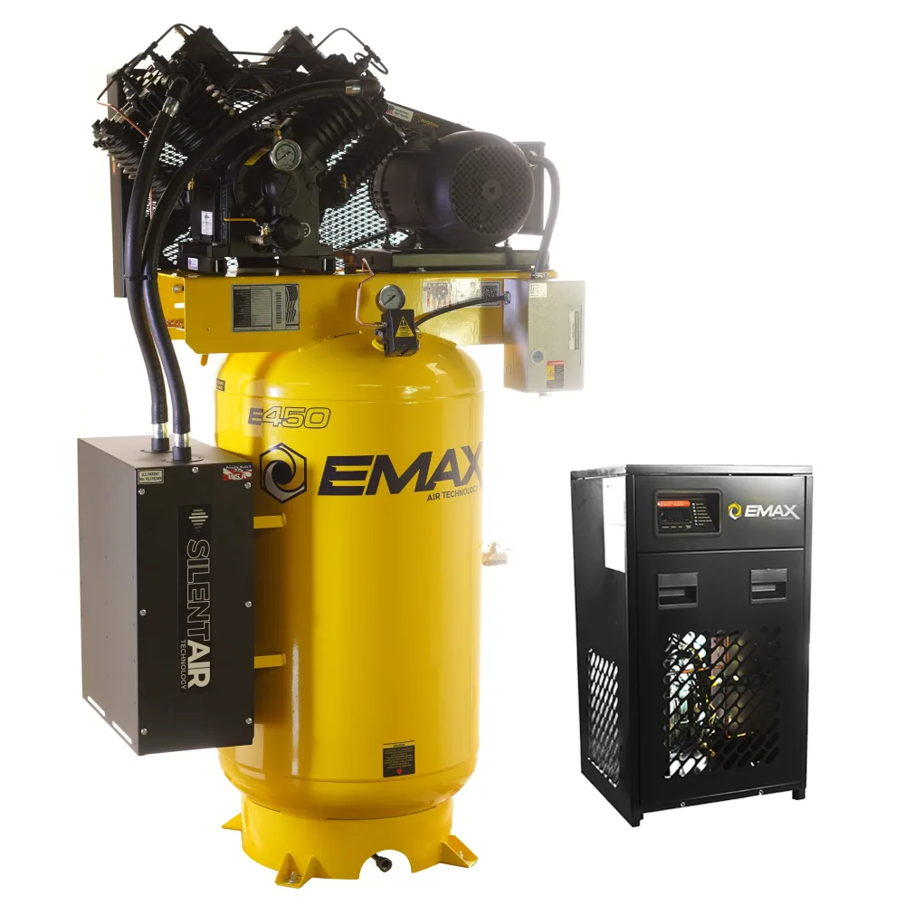 Silent Air Industrial 10HP 38CFM 3- Phase 460V 2-Stage 80 Gal.W/Radiator After Coolers Vertical Stationary Electric Air Compressor-W/ Pressure Lube Pump , Isolator Pads, Belt Tensioner, Continuous Run, Auto Drain Bundled w/ 58CFM Refrigerated Air Dryer