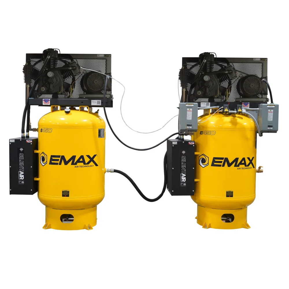 (2) SOLO Alternating Silent Air™ Compressors - 15HP V4, 114 CFM, 120-Gal Vertical, 3-Phase, 208V, Radiator Aftercoolers