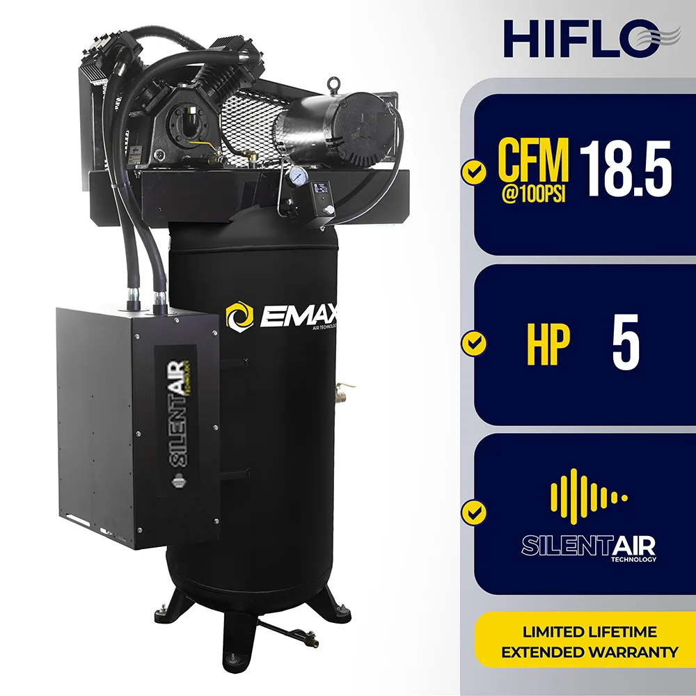 Silent Air™ 5HP 60-Gal Industrial Air Compressor, 19CFM @ 100 PSI, 2-Cylinder Single-Stage, Splash-Lubricated Pump, Isolator Pads- First Oil Change included!