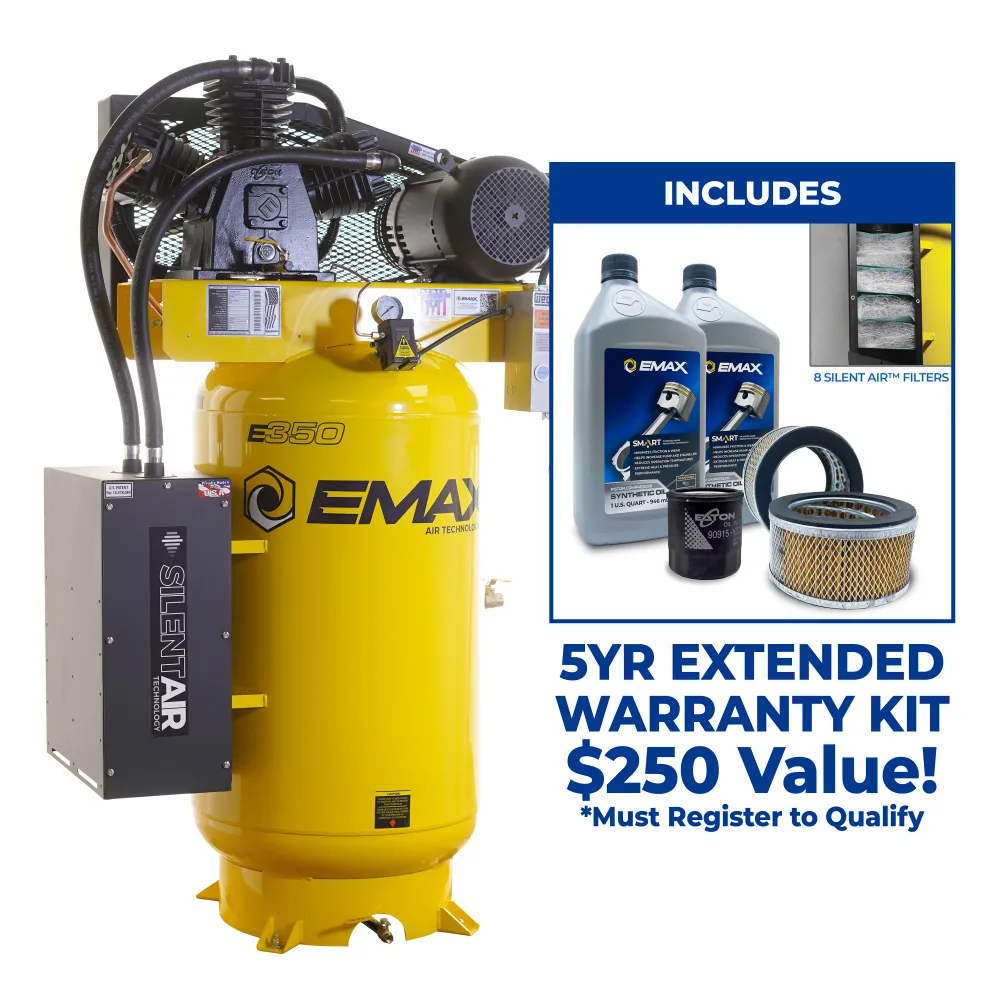 Silent Air™ 7.5HP 80-Gal Industrial Air Compressor, 26 CFM @ 100 PSI, 3-Cylinder Two-Stage, Splash-Lubricated Pump, w/isolator pads- Includes Maintenance Kit
