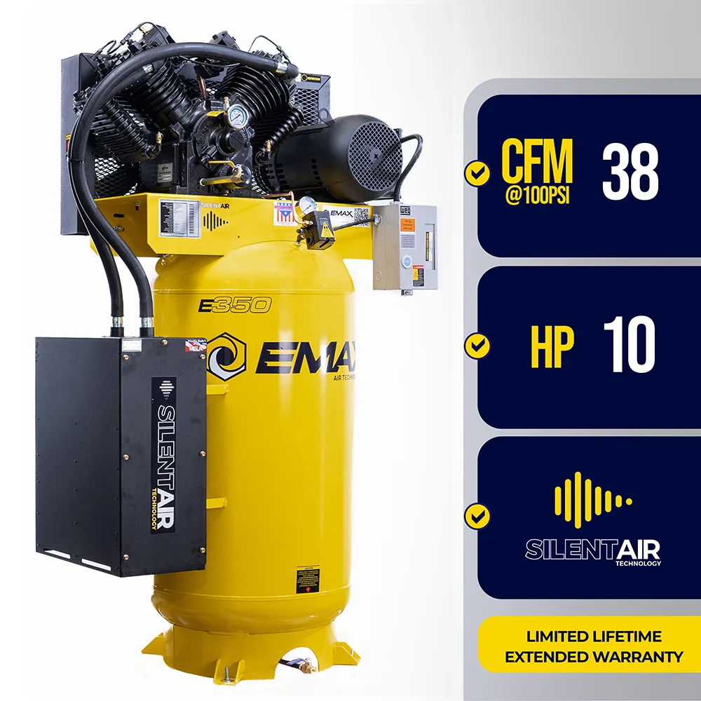 Silent Air™ 10HP 80-Gal Industrial Air Compressor, 38 CFM @ 100 PSI, 4-Cylinder Two-Stage, Pressure-Lubricated Pump, Isolator Pads &#8211; First Oil Change included!