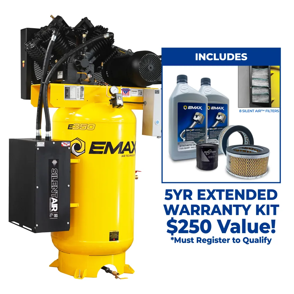 Silent Air™ 10HP 80-Gal Industrial Air Compressor, 38 CFM @ 100 PSI, 4-Cylinder Two-Stage, Splash-Lubricated Pump, Isolator Pads &#8211; Includes First Maintenance Kit